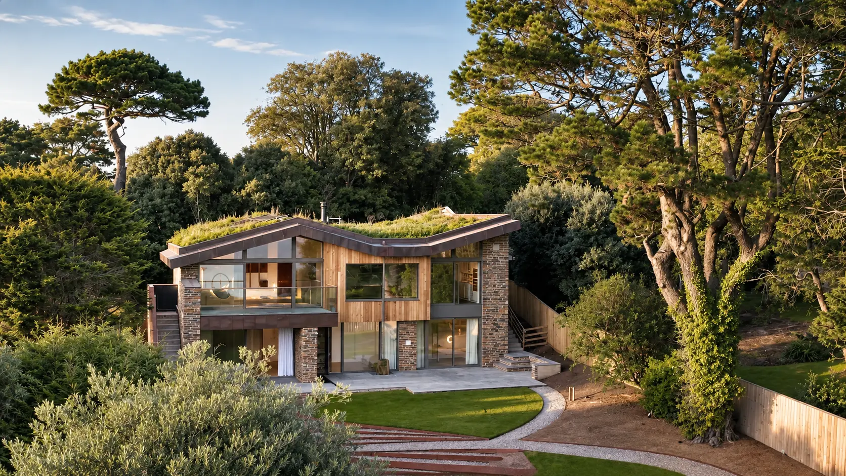 Falmouth, Cornwall — A modern woodland home captured at golden hour.