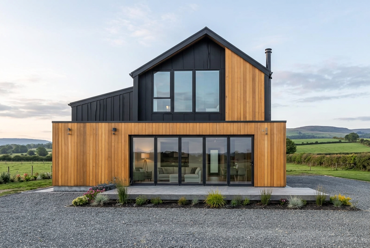 Front elevation with timber cladding and a black metal gable