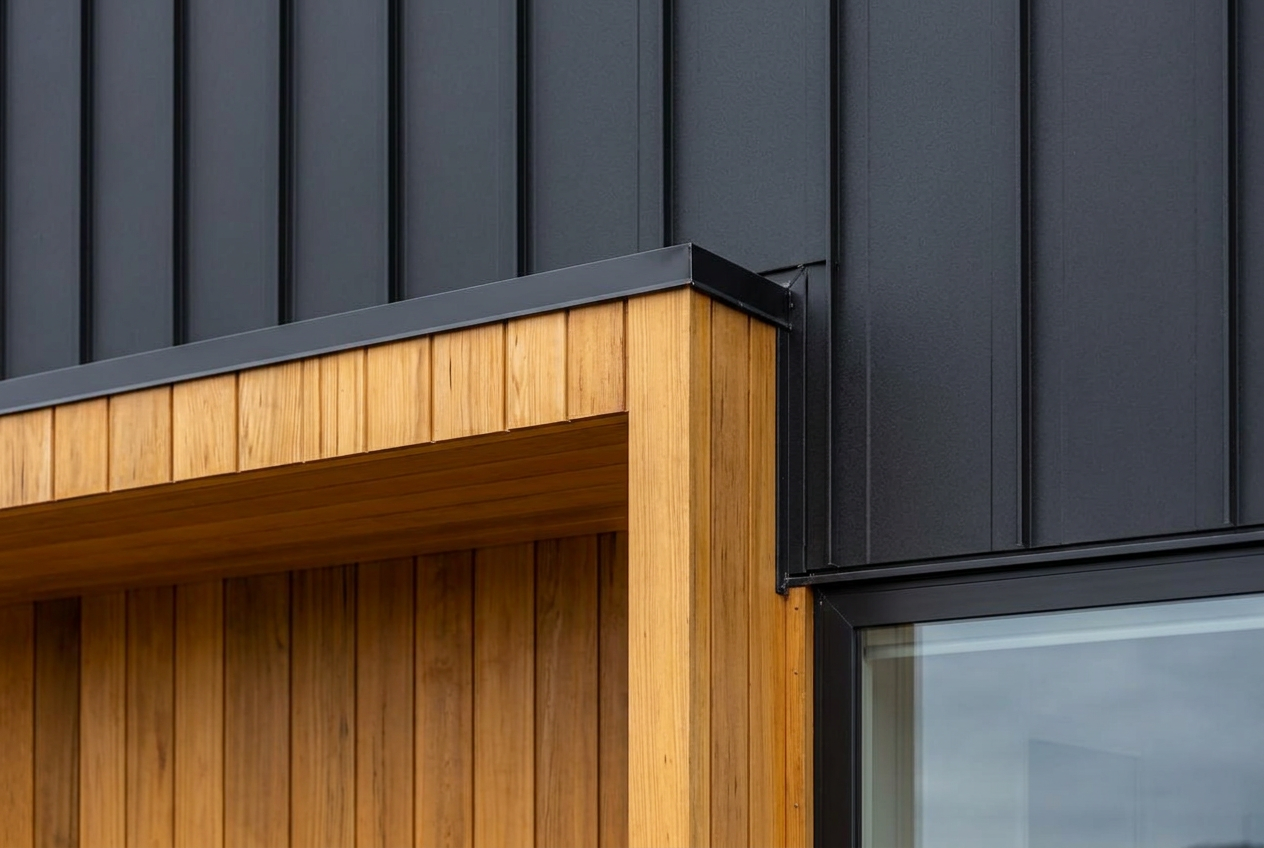 Timber and standing-seam metal cladding detail