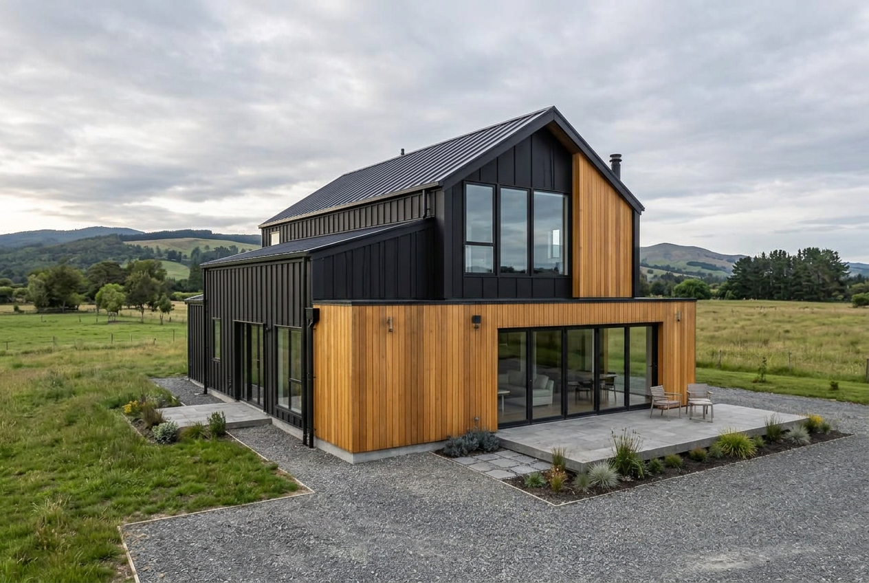Rear elevation and stone terrace facing the meadow
