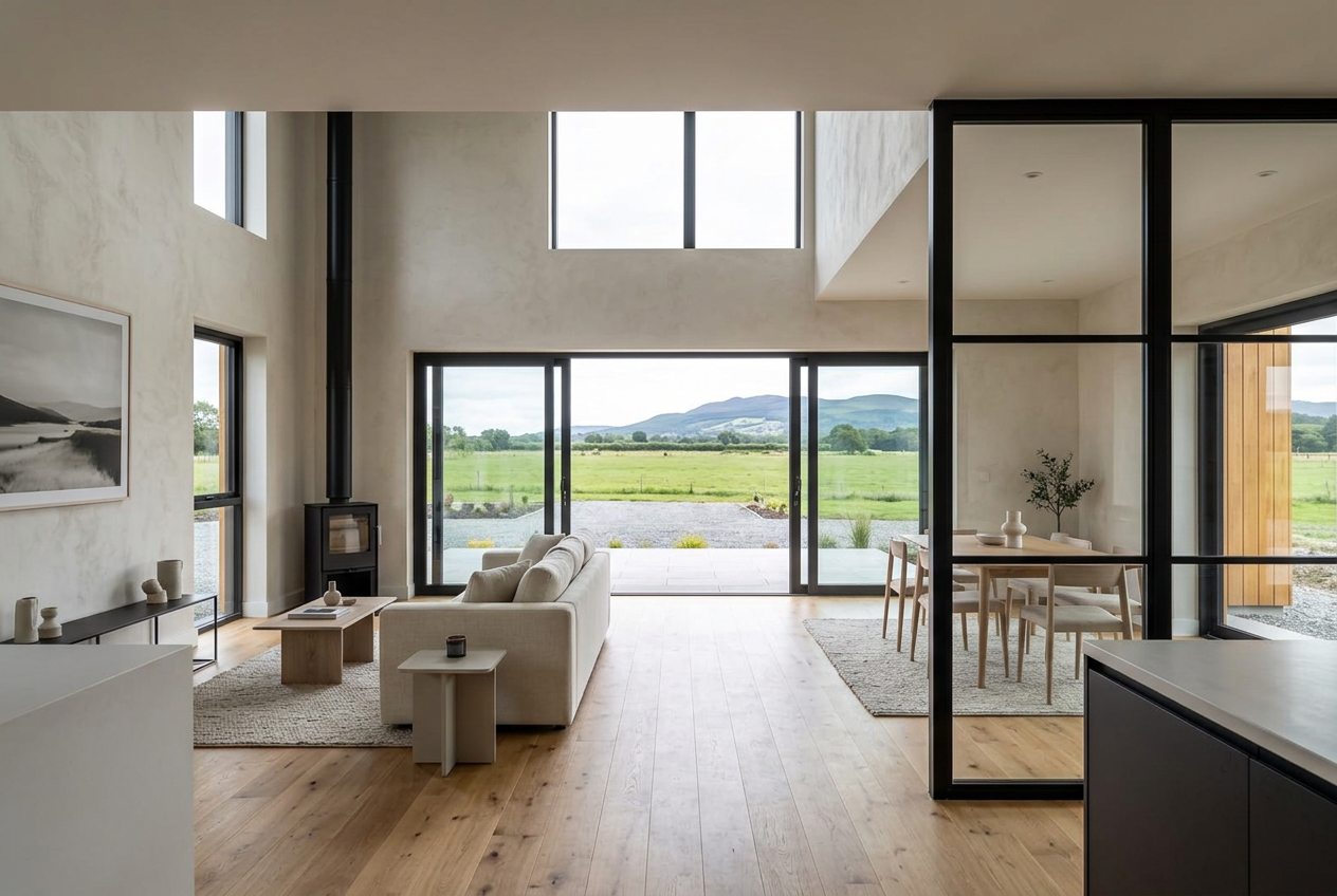 Open-plan living room with meadow views