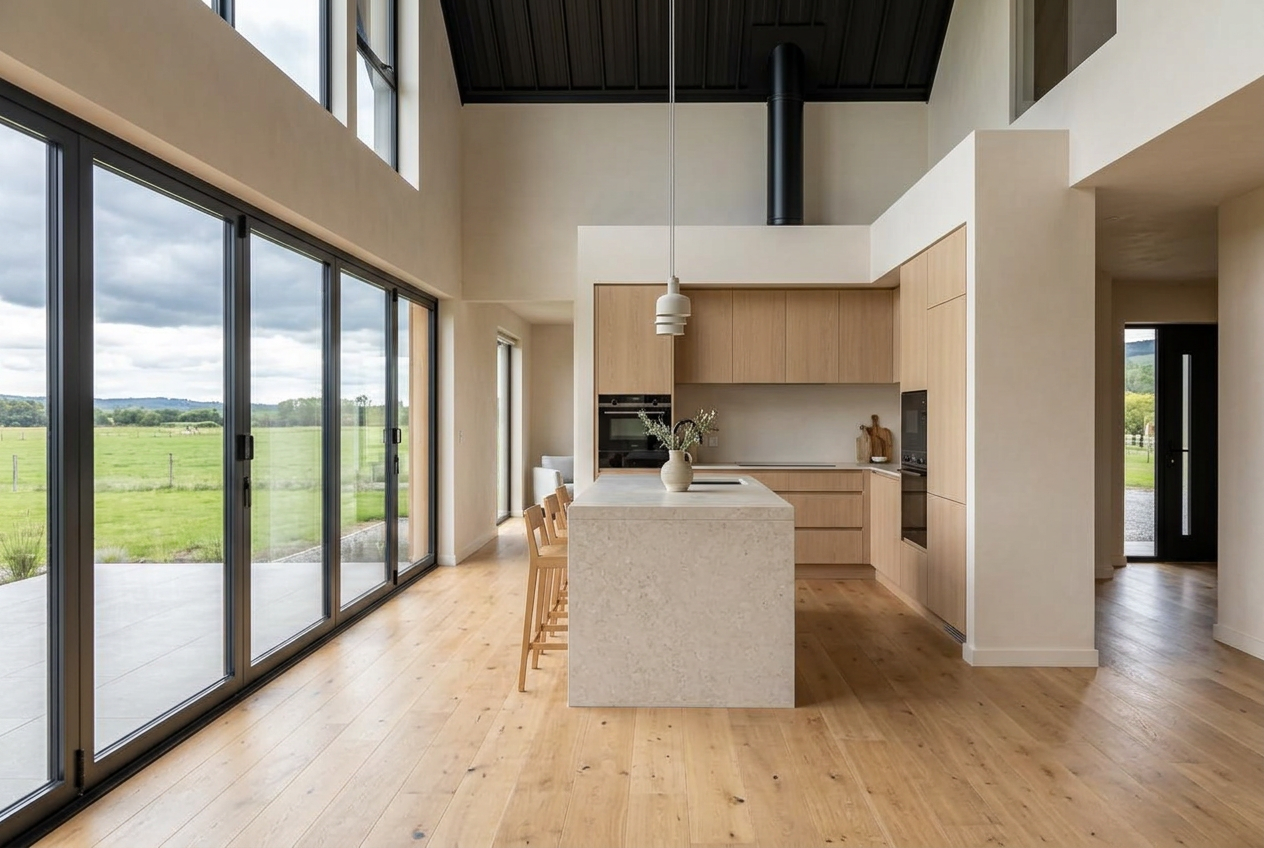 Oak kitchen with a pale stone island