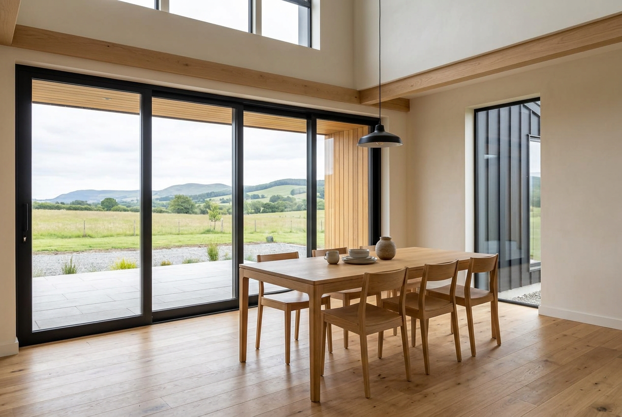 Oak dining area beside black-framed glazing