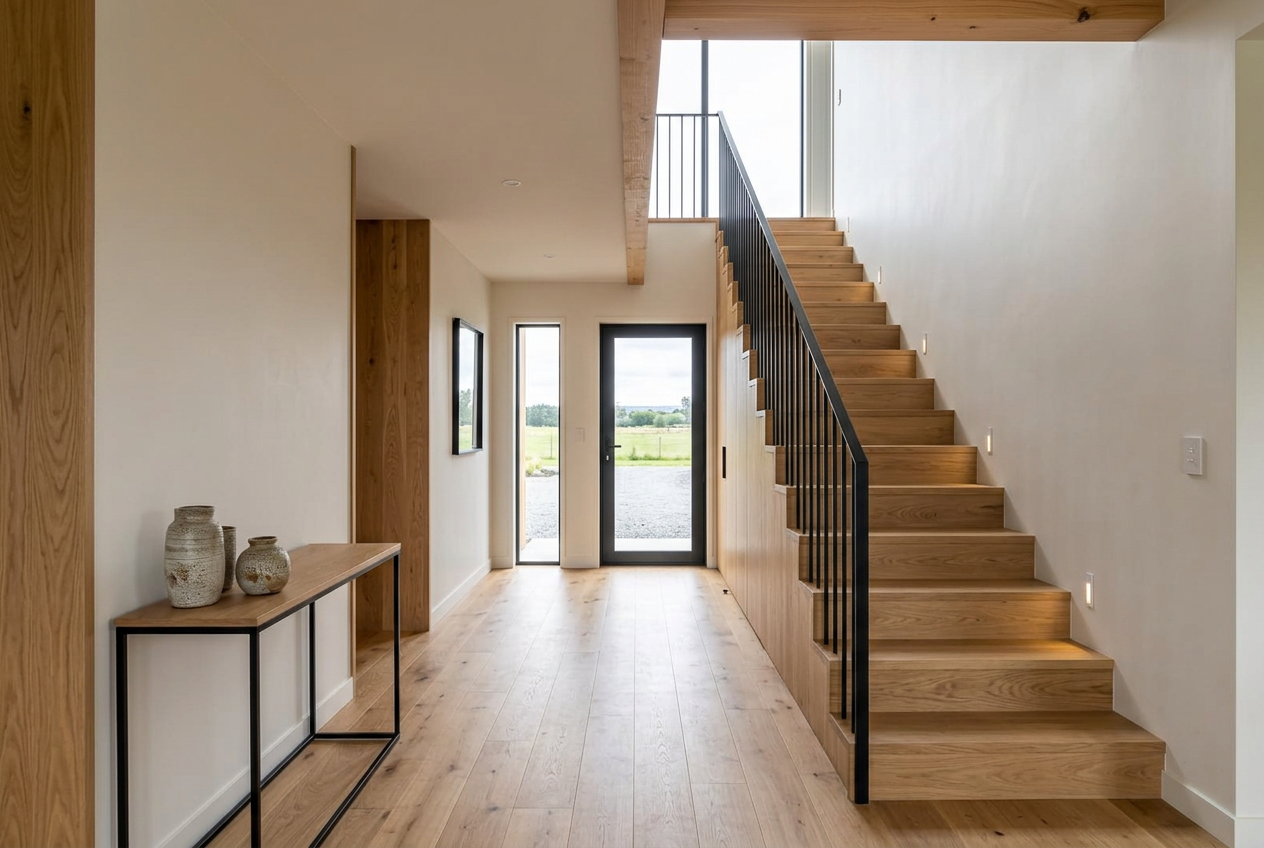 Entrance hall with oak stairs and black balustrade