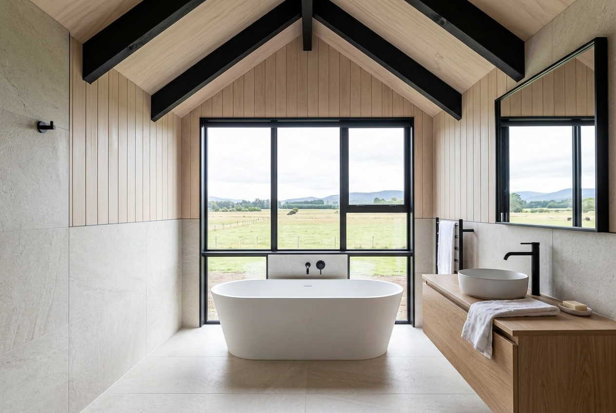 Bathroom with freestanding bath and oak vanity