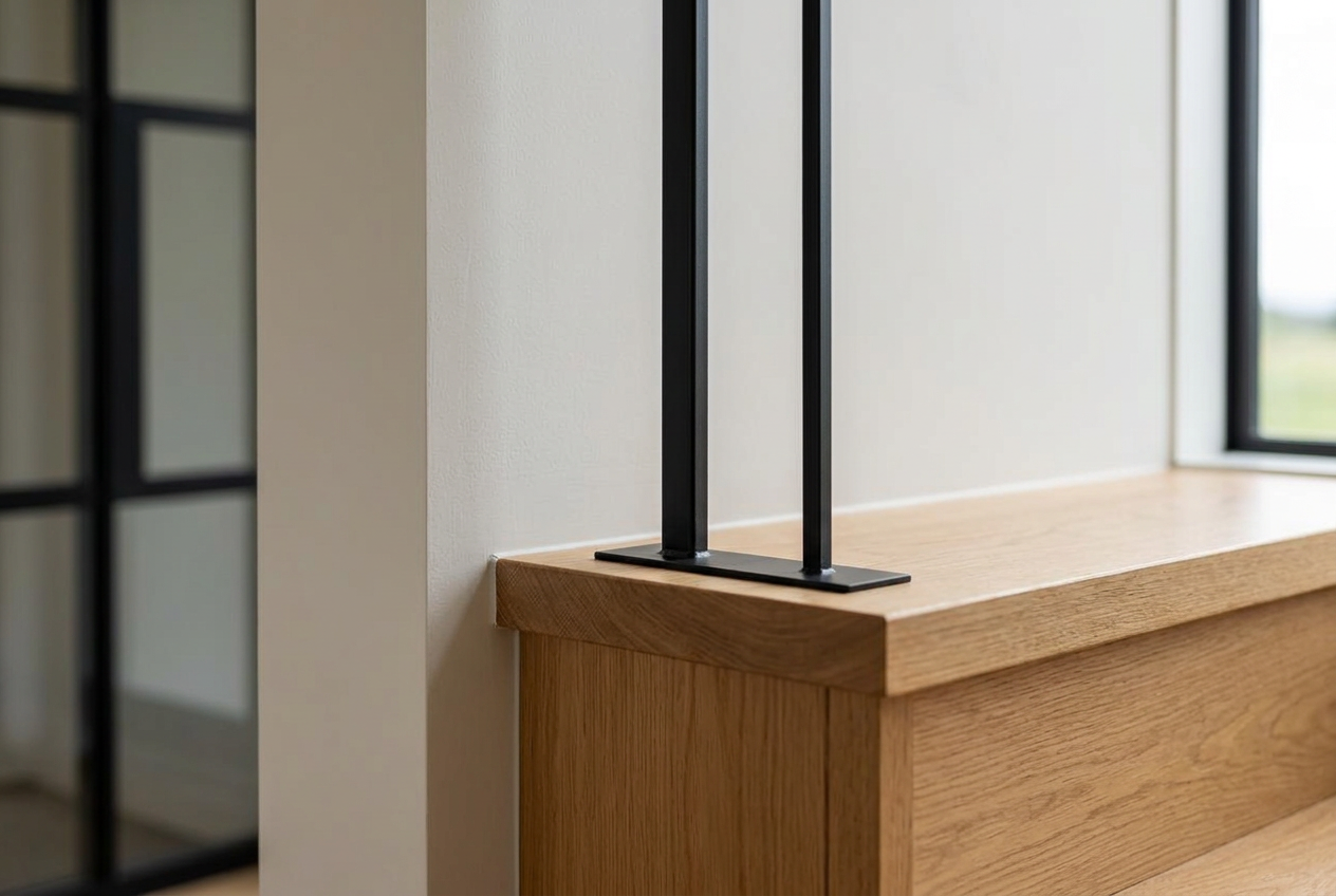 Oak stair joinery and steel balustrade detail
