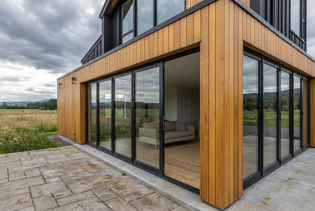 Terrace, sliding doors and timber facade