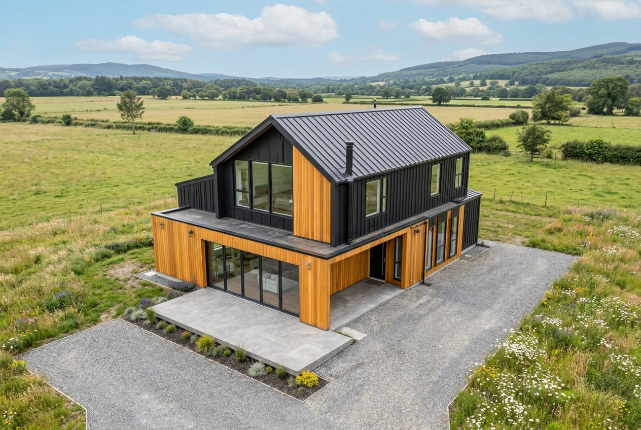 Elevated view of the house and rural setting