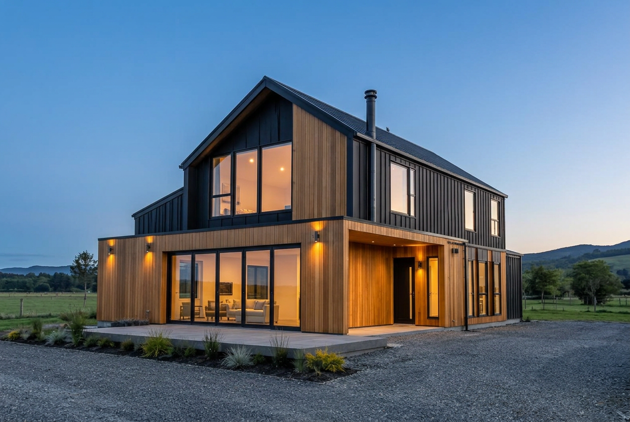 Twilight exterior with illuminated living spaces