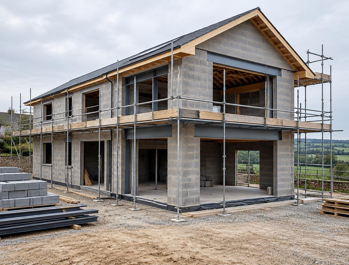 High-end residential construction with exposed blockwork, structural beams and scaffolding