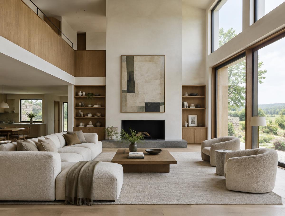 Light-filled double-height living space with considered oak joinery and sculptural furniture