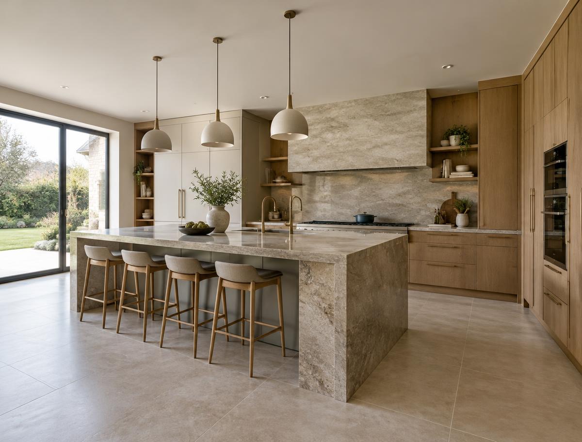 Bespoke contemporary kitchen with a stone island, oak cabinetry and understated pendant lighting